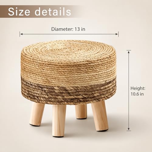 Wimarsbon Round Foot Stool Natural Seagrass Poufs Ottoman Hand Weave Footrest Stool for Couch Desk Extra Seat Step Stool with Solid Wood Legs for Hallway Patio Lounge Brown - color: Brown, size: 13"D x 13"W x 10.6"H