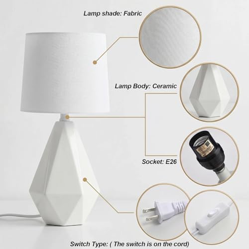SOTTAE Modern Small Ceramic Table Lamp, White Irregular Geometric Bedside Table lamp for Bedroom,Nightstand Lamps with White Fabric Shade, Small Lamp for Kitchen Living Room