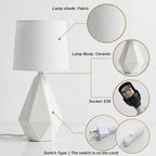 SOTTAE Modern Small Ceramic Table Lamp, White Irregular Geometric Bedside Table lamp for Bedroom,Nightstand Lamps with White Fabric Shade, Small Lamp for Kitchen Living Room