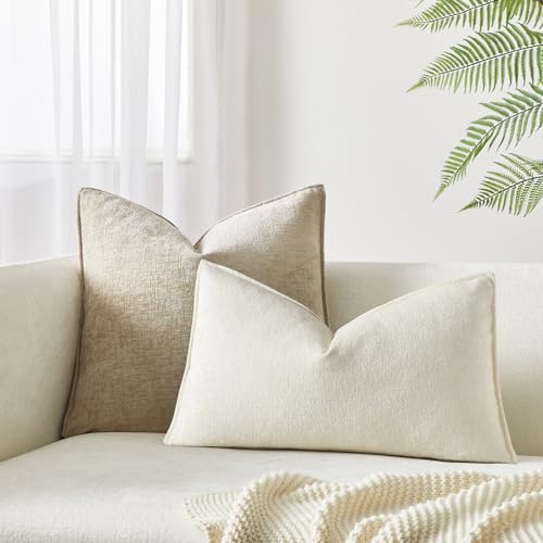 JUSPURBET 12x20 Lumbar Pillow Covers Set of 2 Decorative Throw Pillow Covers Case for Couch Sofa Bed Soft Chenille Cushion Covers with Hidden Zipper for Home Decor Living Room,Cream - color: Cream, size: 20" x 12" (Pack of 2)