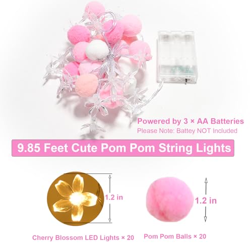 9.85Ft Fairy Lights 20 Cute Pink Pompoms 20 LEDs Cherry Blossom String Garland Battey Operated with Timer Flower Lights for Bedroom Kids Room Party Birthday Wedding Valentines Decoration - style: Pink-Cherry Blossom