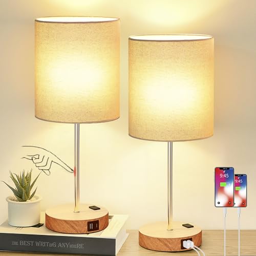 Lynnoland Set of 2 Touch Wood Table Lamps, Bedroom Lamps with 2 USB AC Outlet, 3-Way Dimmable Bedside Nightstand Lamps for Bedroom Living Room Nursery, 800 Lumens 2700K Bulbs Included - color: (2 Pack)Beige & Wood(Base)-2700K Bulbs Included