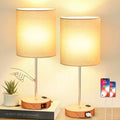 Lynnoland Set of 2 Touch Wood Table Lamps, Bedroom Lamps with 2 USB AC Outlet, 3-Way Dimmable Bedside Nightstand Lamps for Bedroom Living Room Nursery, 800 Lumens 2700K Bulbs Included - color: (2 Pack)Beige & Wood(Base)-2700K Bulbs Included
