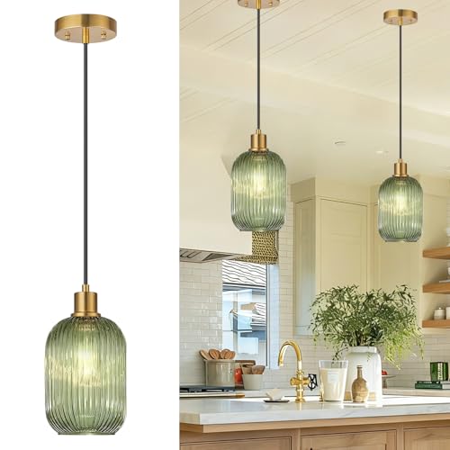 2 Pack Pendant Lights with Vintage Green Ribbed Glass Lampshade, Adjustable Brushed Gold Pendant Lights Fixtures for Kitchen Island Lighting Sink, Dining & Living Room Hallway (Bulbs Not Included) - color: 2 Pack Brushed Gold + Green Glass