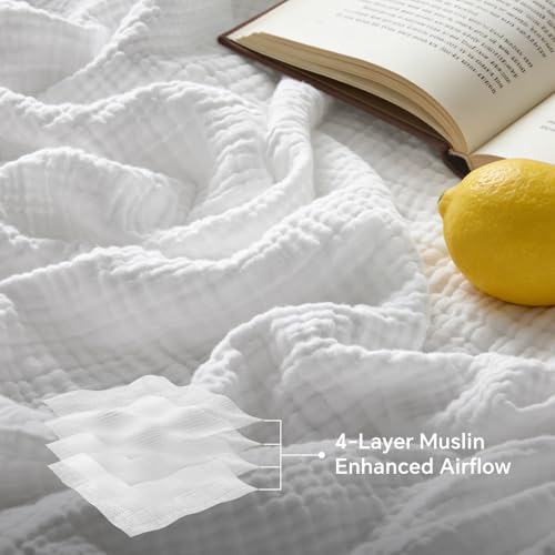 BEDELITE 100% Cotton Muslin Blankets for Adults - 4-Layer Queen Size Breathable and Lightweight Gauze Blanket for Couch, Bed, Travel and Summer, Soft & Cozy Gift for Women, White, 90"x90" - color: White, size: Queen(90"x90")