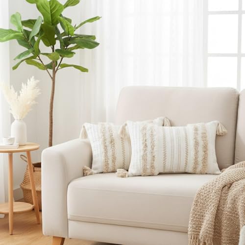 decorUhome Summer Decorative Boho Throw Pillow Cover 12x20, Lumbar Accent Neutral Textured Tufted Pillow Cover Striped for Couch Bed Sofa, Khaki and Cream White, Pack of 1 - color: Khaki and Cream White, size: 20" x 12" (Pack of 1)