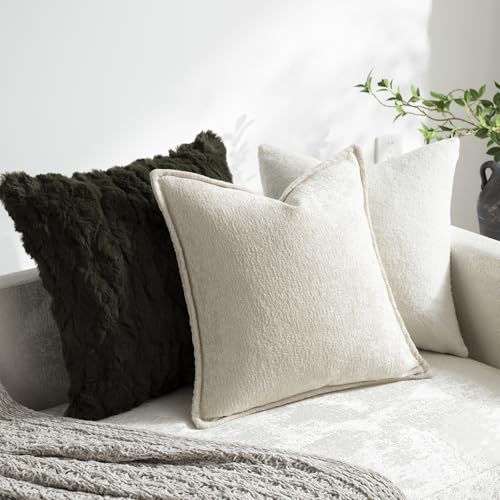 DEZENE Pack of 2 Beige Decorative Throw Pillow Covers 22x22 Cozy Soft Chenille Accent Vintage Square Couch Pillow Covers for Home Decor Bed Sofa Living Room - color: Beige, size: 22" x 22" (Pack of 2)