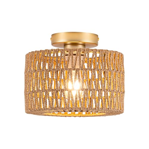 Rpzloila Rattan Ceiling Light, 1 Light Bohemian Modern Woven Flush Mount Ceiling Light, Boho Light Fixture for Bedroom Living Room Dining Room, Gold Finish - color: Gold, size: 1-Light-Round