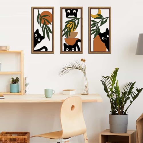 KAIRNE Boho Black Cat Wall Art,Green Leaves Wood Wall Decor Set of 3(16”X8”),Farmhouse Geometric Wooden Cat Wall Decor,Mid-Century Bohemian Moon Sun Design for Friends Family Bedroom Living Room Decor - color: Cat Boho, size: 8"L x 16"W