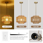 13" Boho Rattan Pendant Light Fixture, Hand Woven Wicker Hanging Lamp with Gold Ceiling Mount, Modern Farmhouse Lighting for Kitchen Island, Dining Room, Bedroom, Living Room, Entryway - color: Brown B
