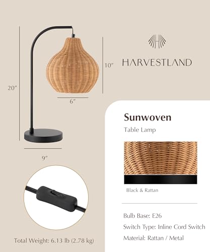 HarvestLand Sunwoven 20” Boho Table Lamp – Woven nightstand lamp, Rattan Lamp with Curved Black Metal Frame for Bedside Lamp, Wicker lamp for Bedroom, Living Room, or Entryway, End Table lamp - style: Sunwoven 20” Rattan