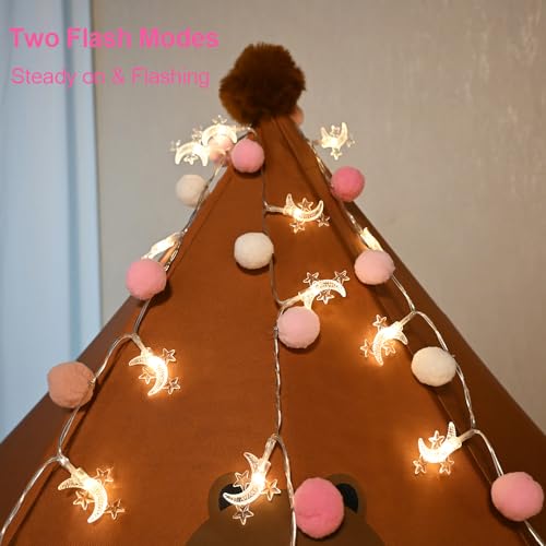 ChiRee Indoor String Lights 6.56 Feet Pom Poms Moon Lights 20 LED Battery Operated String Fairy Lights Warm White Globe Lights Colorful Decor Lights for Home Bedroom Kids Playhouse Holiday Christmas - style: Moon-Pink