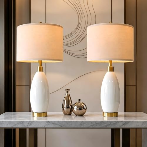 USumkky 24" White Oval Ceramic Table Lamp Set of 2, Modern Minimalist Bedside Nightstand Lamps for Bedroom Living Room, Linen Shade & Gold Metal Base, Rotary Switch E26 (Bulbs Excluded) - color: 24" Teardrop-2 Pack
