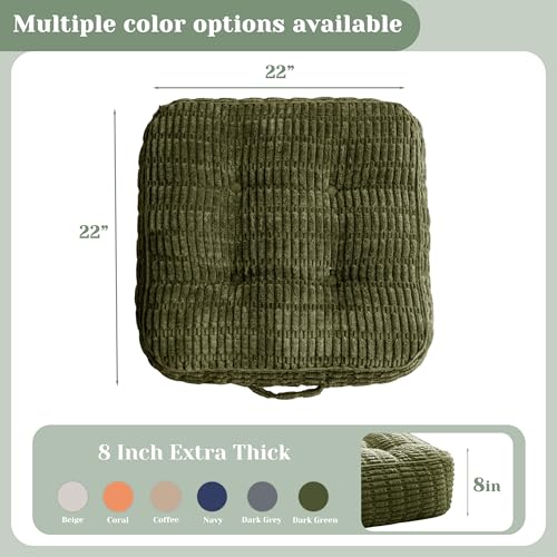 HIGOGOGO 8" Floor Pillow Cushion for Adults, Meditation Cushion Pillow, Blended Corduroy Cover, Large Square Floor Sitting for Tatami Living Room or Yoga, 22x22 Inch, Dark Green - color: Square Dark Green, size: 8" Thick(Pack of 1)