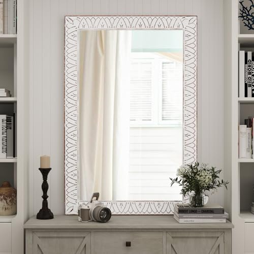 36x24 Inch Farmhouse Rectangle Wall Mirrors with Wooden Frame, Rustic Decorative Rectangular Mirror for Living Room, Bedroom, Bathroom, Entryway - Vertical/Horizontal Hanging - color: I - Rectangular - 24x36 in