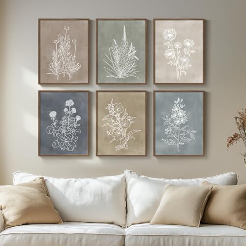 Framed Boho Botanical Wall Art for Living Room, 6 Piece Modern Farmhouse Neutral Floral Canvas Painting Prints, Minimalist Vintage Flower Plants Line Artwork for Bedroom Hallway Wall Decor, 11x14 In - color: Neutral - Walnut Framed, size: 11" W x 14" H x