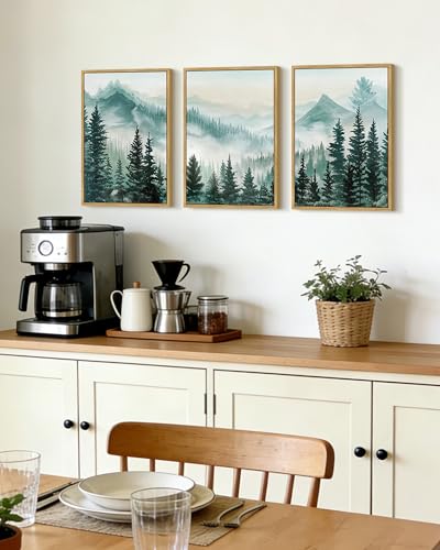 KUVIOKE Fog Pine Tree Mountain Landscape Framed Wall Art Watercolor Nature Misty Forest Painting Vintage Farmhouse Rustic Wall Decor for Bedroom Hallway 11x14in (Natural Framed) - color: Forest and Mouontain, size: 11 x 14in x 3 Panels Natural