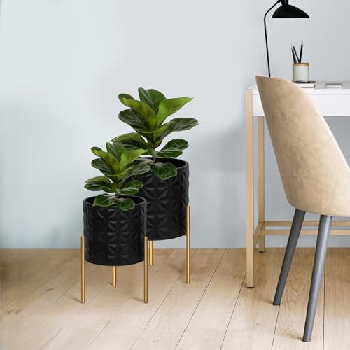 ARNIS Modern Planter Pots, Set of 2 Large Planters with Stand, Decorative Planters, Metal Pots with Drainage Holes for Living Room, Office, Garden or Balcony, 8.25 &10.5 Inch, Matte Black - color: Frosted Black, size: 8.25 &10.5