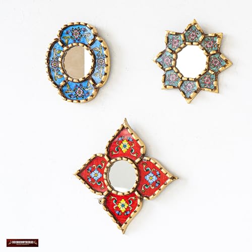Handmade Small Accent Wall Mirrors Set of 3 | Peruvian Decorative Mirrors for Boho, Vintage & Bathroom Wall Decor