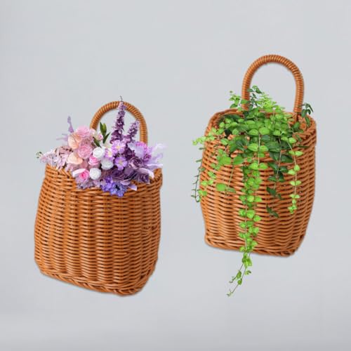 Wicker Wall Hanging Baskets,2 Pcs Handmade Rattan Hanging Wall Baskets for Plants,Flowers,Fruit,Vegetable and Magazines,Woven Wall Mount Decorative Basket for Kitchen, Living Room (Bucket) - color: Bucket