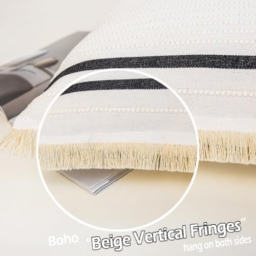 CARRIE HOME Cream White Boho Striped Throw Pillow Cover 18x18 with Tassels 1 Pack, Neutral Couch Pillows for Bed Couch, White Cotton Woven Bohemian Accent Pillow Covers 18 x 18 (No Pillow Inserts) - color: White (With Tassels), size: 18" x 18" (Pack of 1)