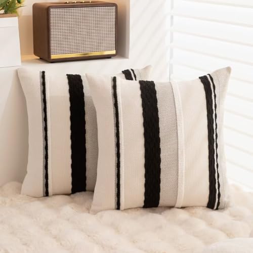 Boho Throw Pillow Covers 18x18 Set of 2 Farmhouse Decorative Cushion Case Striped Square Pillows Cover Chenille Pillow Cases Accent Neutral Pillowcase for Sofa Couch Bed,Black and White - color: Black Stripe 2