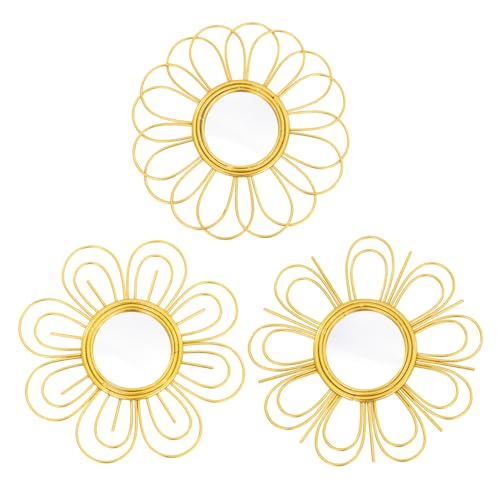 Gold Mirrors 3 Piece, 9 inch Flower-Shaped Mirror Hanging Wall Decor, Valentine Decorative Mirror Wall Art, Round Mirrors for Bedroom,Living Room,Bathroom, House Warming Valentine Gifts - color: Golden-d