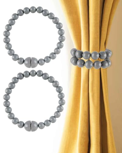 Boho Curtain Tiebacks Magnetic Beaded 2 Pack Light Grey - Strong Magnets - color: Light Grey