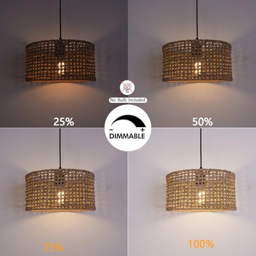 HuisMier Plug in Pendant Light with Hand Woven Rattan Lampshade, Dimmable Hanging Lamp with 15 FT Plug in Cord, Boho Pendant Light Fixture for Bedroom Kitchen Island Dinning Table - color: Beige Drum