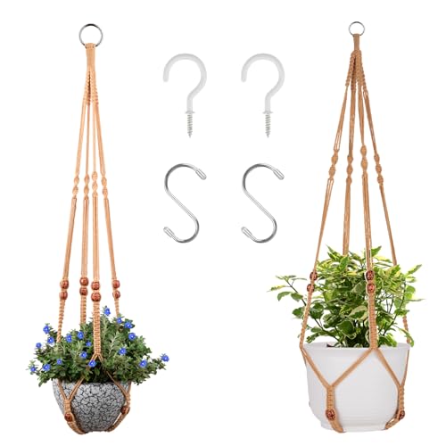 Macrame Plant Hanger for 5 to 10 Inch Plant Pots, Set of 2 Indoor Handmade 35 Inch Woven Rope Hanger Kits with Hooks and Wood Beads, Hanging Planter Basket Holder for Boho Home Decor (Brown, 2 Pack) - color: Brown, size: 35 Inch 2 Pack