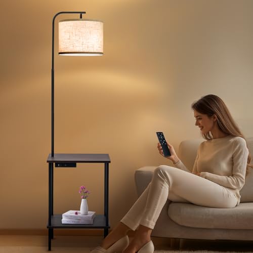 EOEYYOYB Floor Lamp with Table & Drawers, End Table Lamp with USB Charging Portt Power Outlet and Shelves, Side Table Reading Light with 3 Color Temperature Led Bulb Included for Living Room, Walnut - color: Walnut (with Drawer)