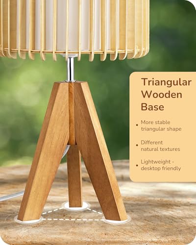 EDISHINE 14.17" Small Table Lamp, Wood Tripod Bedside Lamp, Natural Wood-Colored Hollow & White PVC Shade, E26 Base, Boho Nightstand Lamp for Bedroom, Living Room, Office, Study - style: Minimalist
