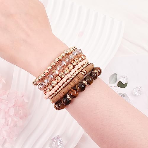 Bohemian Natural Stone Beaded Bracelets for Women Men Stackable Stretch Beads Bracelet Set with Charm and Tassel Multilayered Elastic Gemstone Bracelets Summer Beach Boho Jewelry Gift for Women - color: Brown-1