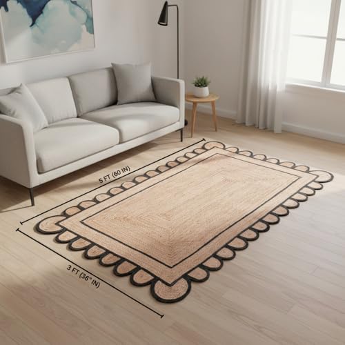 Braided Scalloped Jute Rug Natural with Black Trim, Handmade Farmhouse Boho Area Rug for Entryway, Kitchen, Hallway, Living Room, Bedroom, Rustic Woven Floor Rug - (Black- 3X5 ft) - size: 3' x 5' (Rectangular)