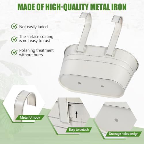 OBTANIM 4 Pack Metal Hanging Flower Pots Iron Railing Planter Outdoor Fence Hanging Pots Bucket Plant Holder with Detachable Hooks Drain Holes for Home Garden Yard Decor (White) - color: White