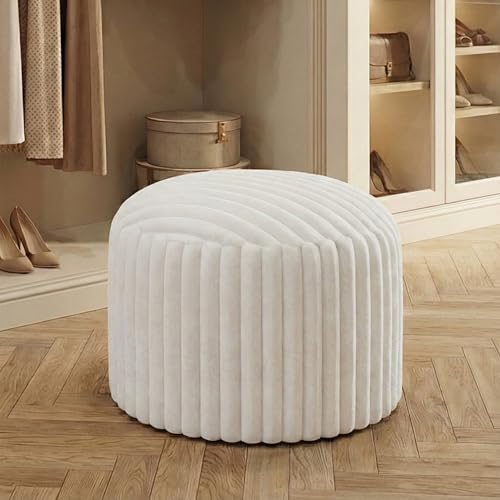 Round Stuffed Pouf Ottoman, Stripe Faux Fur Footrest, Solid Block Support+Soft Cushion Comfort, Removable Washable Cover, 20" Floor Pouf for Living Room Bedroom Dorm Vanity, Cream Beige - color: Cream White