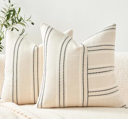 Throw Pillow Covers Set of 2 18x18 Inch Striped Pillow Covers, Soft Decorative Cotton Neutral Black Textured Case for Couch Sofa Bed Living Room, Home Modern Farmhouse Cute Decor - color: Black, size: 18" x 18" (Pack of 2)