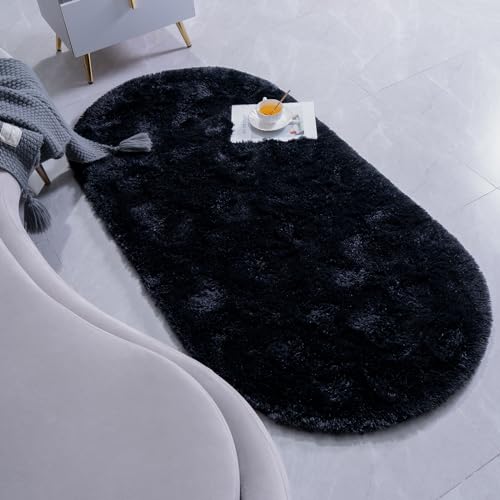 Goideal Fluffy Bedroom Rug, Small Oval Area Rugs, Black Shag Bedside Carpet for Kids Room Nursery Dorm Cute Fuzzy Indoor Decor for Boy and Girl, 2.6 x 5.3 Feet - color: Black
