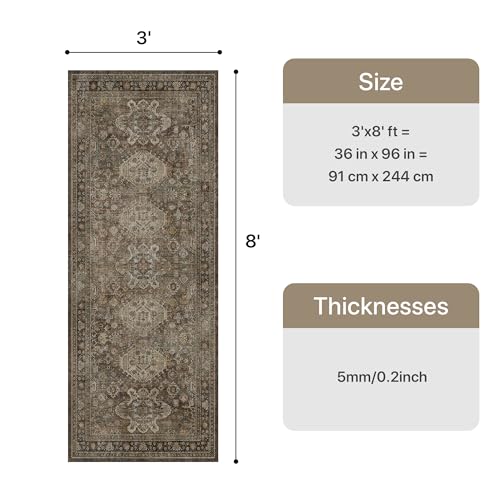 Bavni Washable Runner Rug 3x8, Non Slip Hallway Rug, Vintage Aesthetic Thin Low Pile Washable Carpet for Kitchen Bedroom Entryway, Brown - color: Brown, size: 3' x 8' (Rectangular)