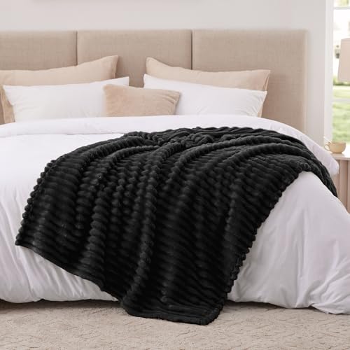 EXQ Home Fleece Throw Blanket for Couch or Bed - 3D Stripe Jacquard Decorative Blankets - Cozy Soft Lightweight Fuzzy Flannel Blanket Suitable for All Seasons(50"×60",Black) - color: Black, size: Throw