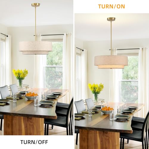 Gold Modern Chandelier 18'' Drum Pendant Light with Fabric Lampshade Hanging Light Fixture 3-Light Farmhouse Chandeliers for Dining Room Bedroom Kitchen Hallway Foyer - color: 18" Fabric Gold