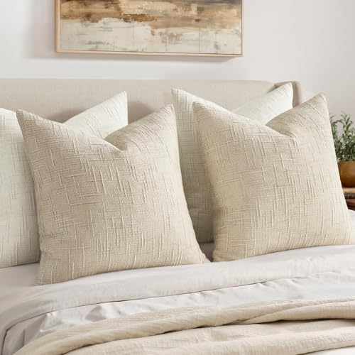 MIULEE Textured Throw Pillow Covers Thick Chenille Decorative Pillows Beige 22x22 Inch Set of 2 Modern Boho Farmhouse Home Decor Neutral Cushion Covers for Couch Sofa Living Room Bedroom - color: Beige, size: 22" x 22" (Pack of 2)