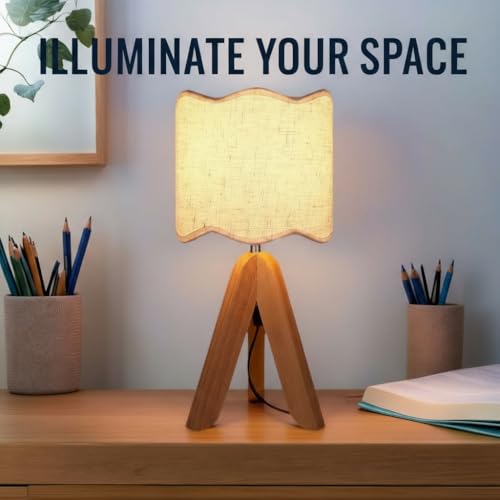 Hamilyeah Tripod Table Lamp with Wood Base, Bedside Lamp with Scalloped Fabric Linen Shade and On/Off Switch, Morden Nightstand Desk Lamp for Bedroom, Living Room, Kids Room, Office Dorm - color: Walnut Beige 1 PACK