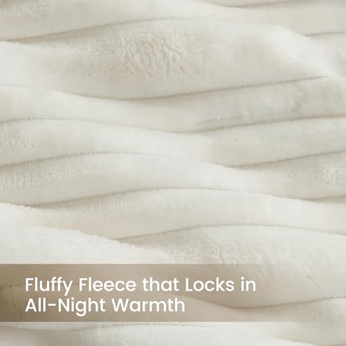 Amélie Home Premium Fleece King Size Comforter Set,Soft Fuzzy Striped Flannel Bedding Set, 3 Pieces, 1 Cozy Comforter with 2 Pillowcases, Ivory, 106"x90" - color: Striped Ivory, size: King (106"x90")
