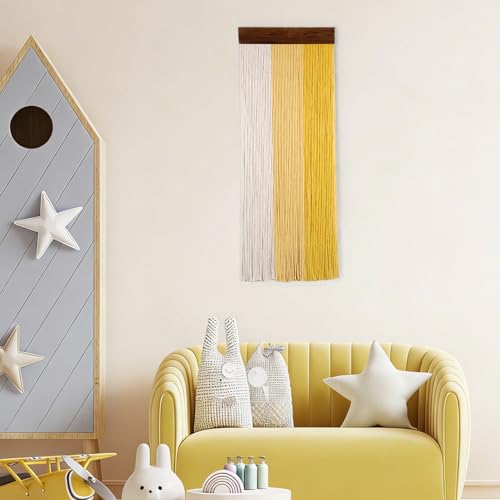 SCECALA Yellow Small Macrame Wall Hanging Tapestry, Boho Hanging Macrame Yellow Wall Art Boho Yarn Handmade Long Tapestry for Living Room Bedroom Modern Home Decor, 30.7x11.8 inch - color: Light Yellow