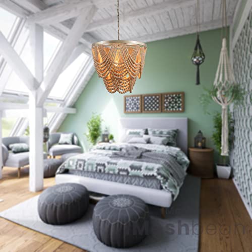 Boho Wood Beaded Chandelier Light Fixture，Large 25.5 inch Bohemia Bead Chandelier Rustic Farmhouse Ceiling Light Fixture for Dinning Room Bedroom Living Room (Oak) - color: Oak 25.5"