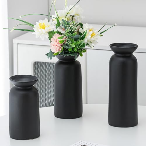 Black Ceramic Vase Set of 3 Small Boho Modern Room Decor for Home Decor Farmhouse Centerpiece Table Decorations - color: Black-vt12