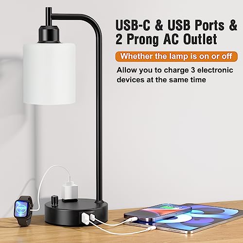 Industrial Bedroom Lamps for Nightstand Set of 2 - Fully Dimmable Bedside Lamps with USB A C Ports and Outlet, Black Table Lamps with Opal Glass Shade for Living Room, Desk Lamps for Office Reading - color: Opal