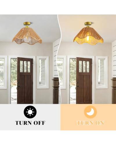 Mini Rattan Pendant Lights, 11.8″ Kitchen Island Pendant Lights with Flower Shade, Boho Handwoven Rope Woven Chandelier for Living Room Dining Room Bedroom Wicker Adjustable Height Hanging Lamp - color: 11.81″-Flower-shape
