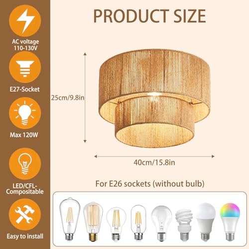 NUODIFAN Boho Semi Flush Mount Ceiling Light Gold Rattan Ceiling Light Double Layer 15.7" Farmhouse Ceiling Lamp with Natural Hemp Rope Lampshade for Dining Room Living Room Bedroom Kitchen